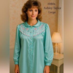 1980s Ashley Taylor Seafoam Satin Nightgown – Large, Embroidered, Brushed Inside